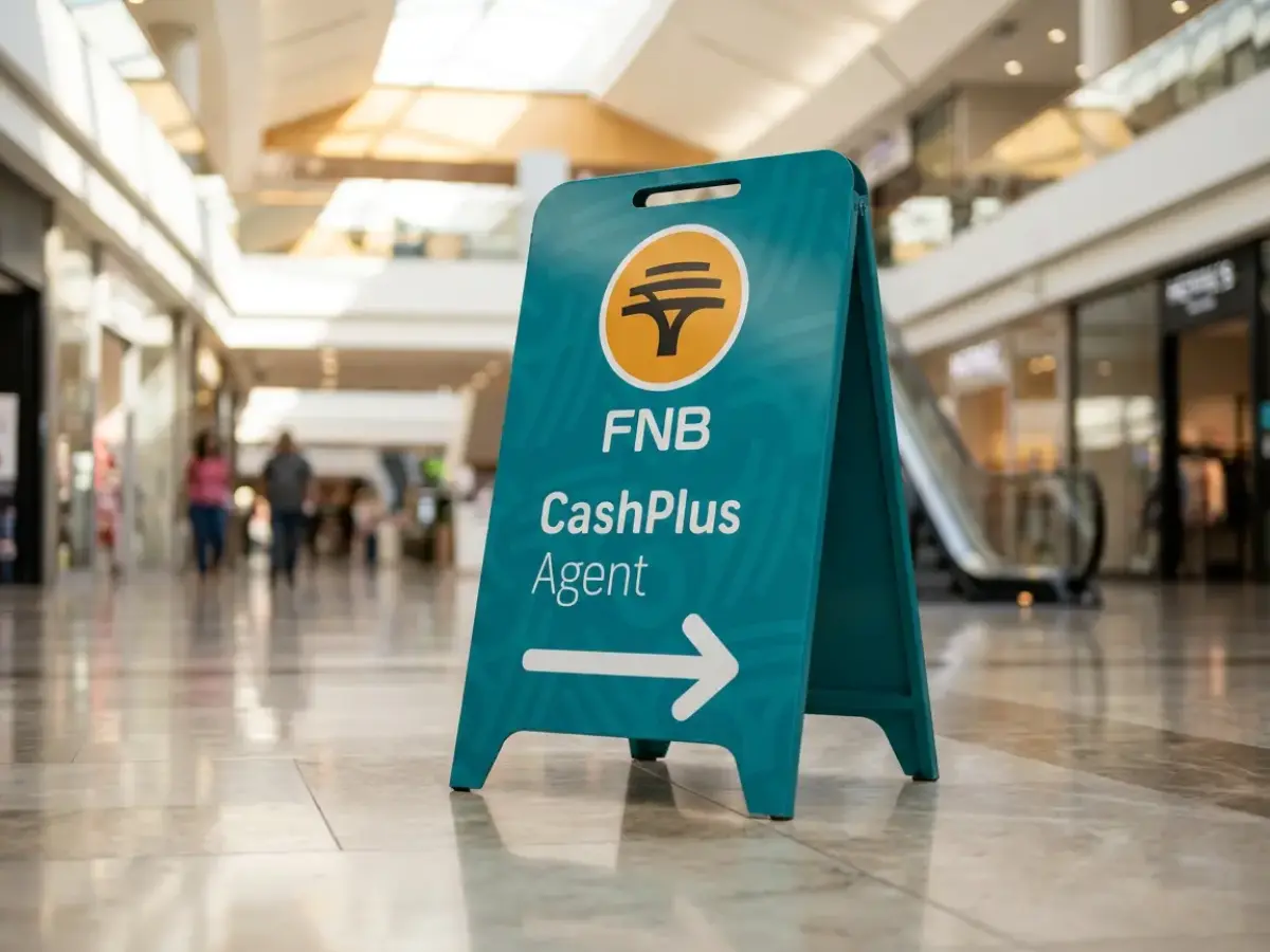 FNB CashPlus Agent metal A-frame pavement sign in a shopping mall