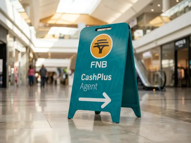 FNB CashPlus Agent metal A-frame pavement sign in a shopping mall