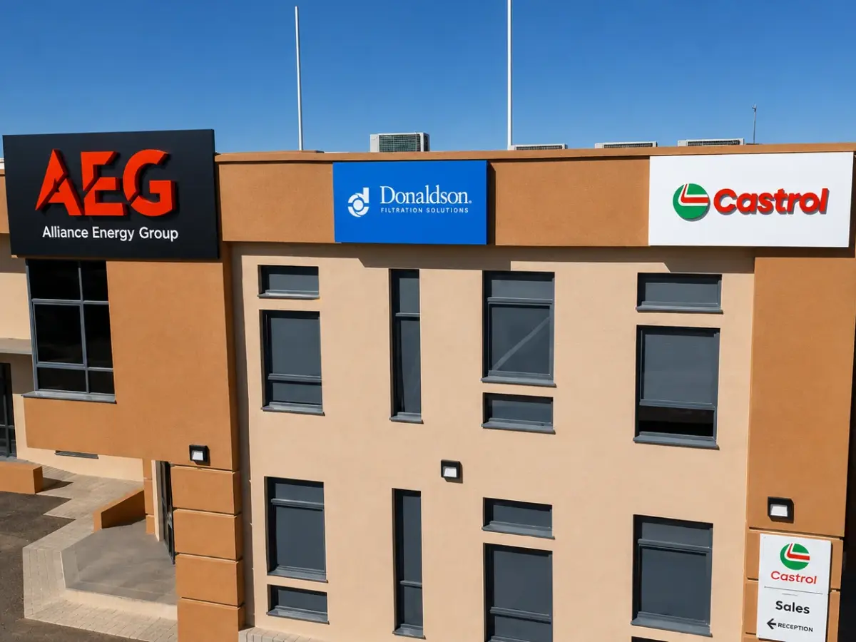 Building signage and brand panels for AEG and Castrol on an office frontage