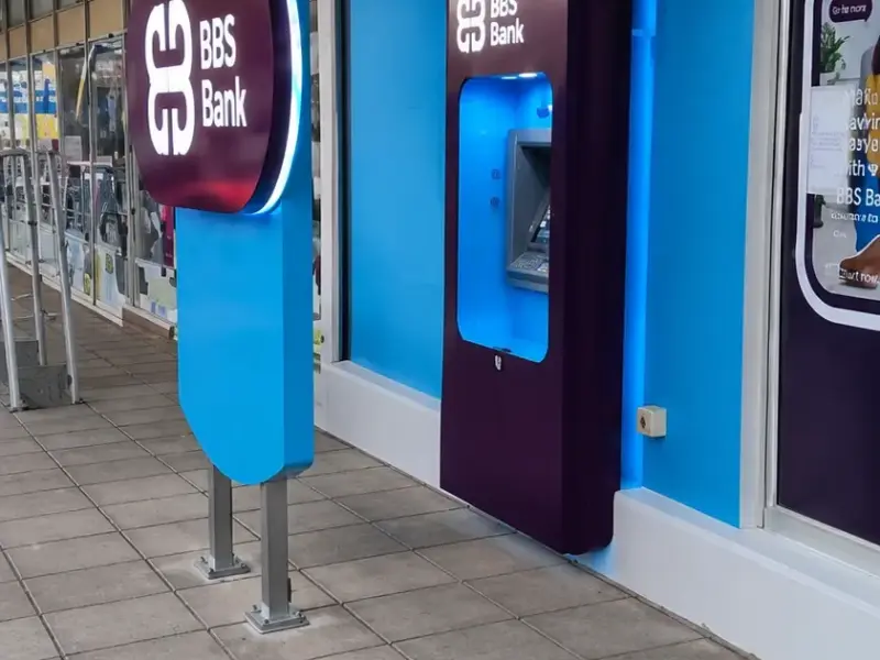 BBS Bank ATM surround in branded blue and purple