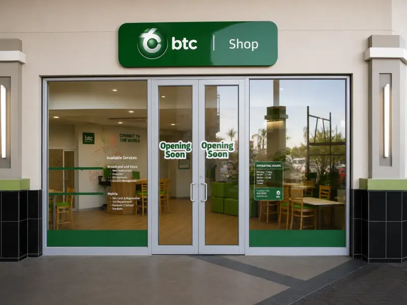 BTC store frontage with Opening Soon window graphics and service information panels