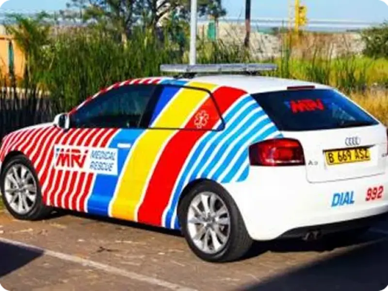 MRI Medical Rescue vehicle livery on an Audi hatchback with Dial 992 contact details