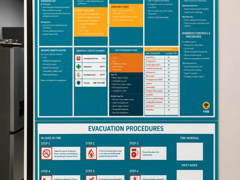Printed FNB emergency and evacuation procedure signage boards