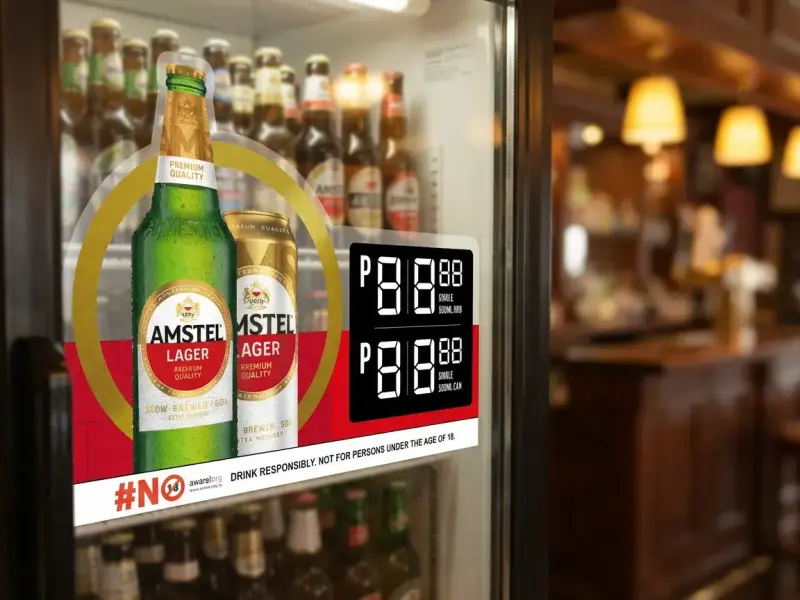 Amstel Lager fridge cling price display