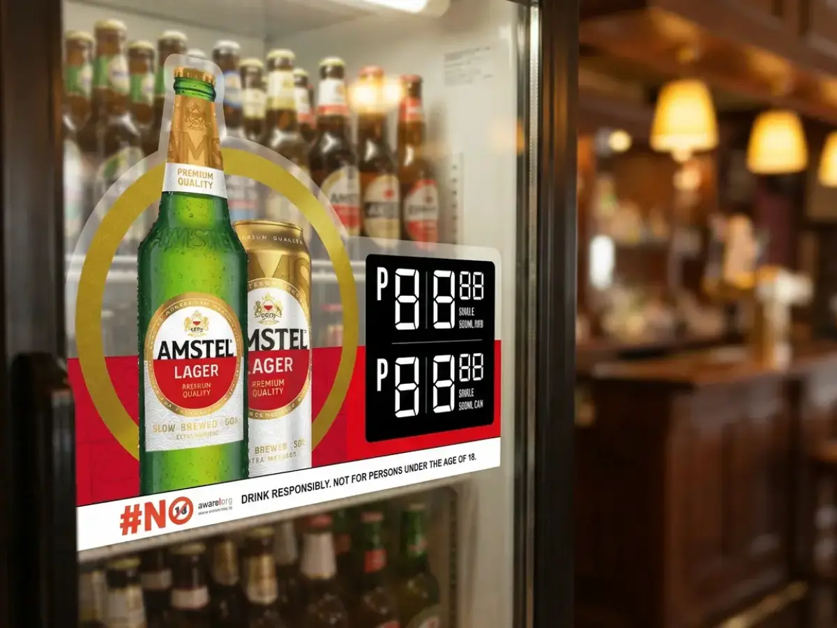 Amstel Lager fridge cling price display