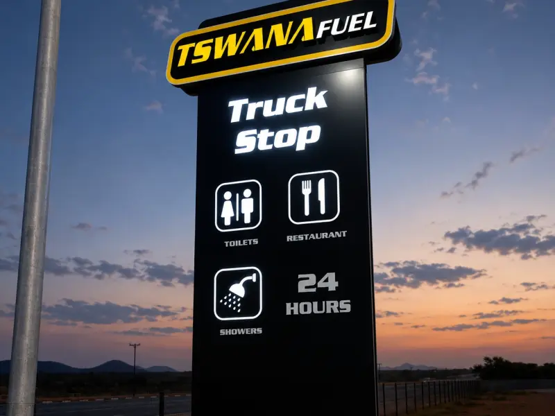 Tswana Fuel illuminated pylon monolith, truck stop totem signage