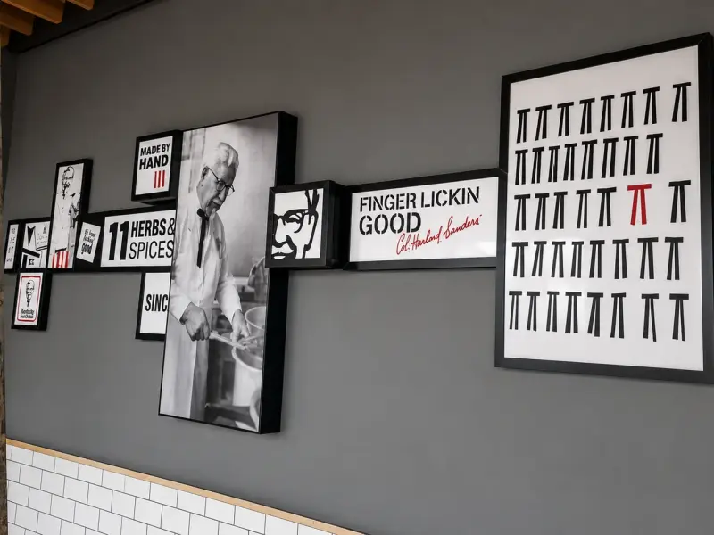 Framed wall graphics in a KFC restaurant interior