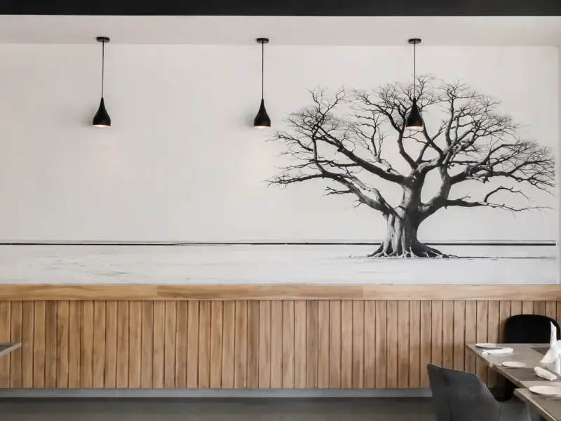 Timber-clad feature wall in a restaurant interior