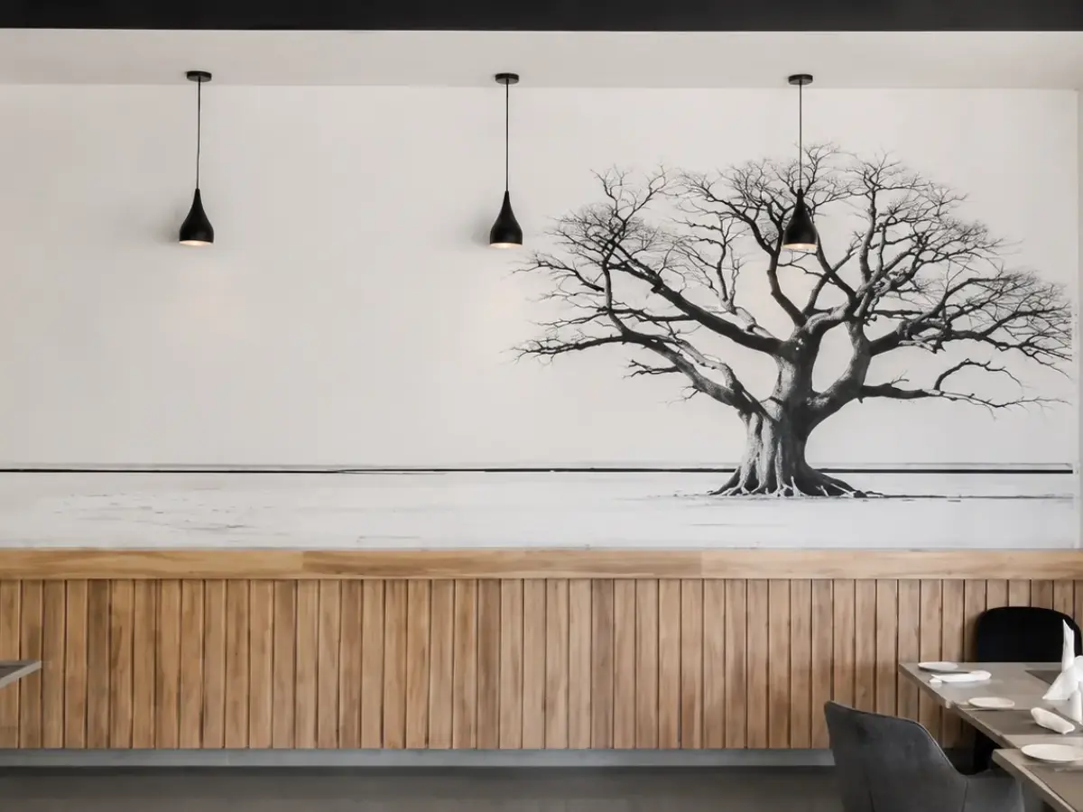 Timber-clad feature wall in a restaurant interior