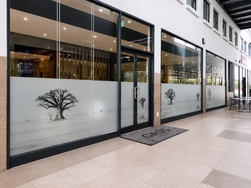 Printed window graphics with baobab tree illustrations at Oasis Mall