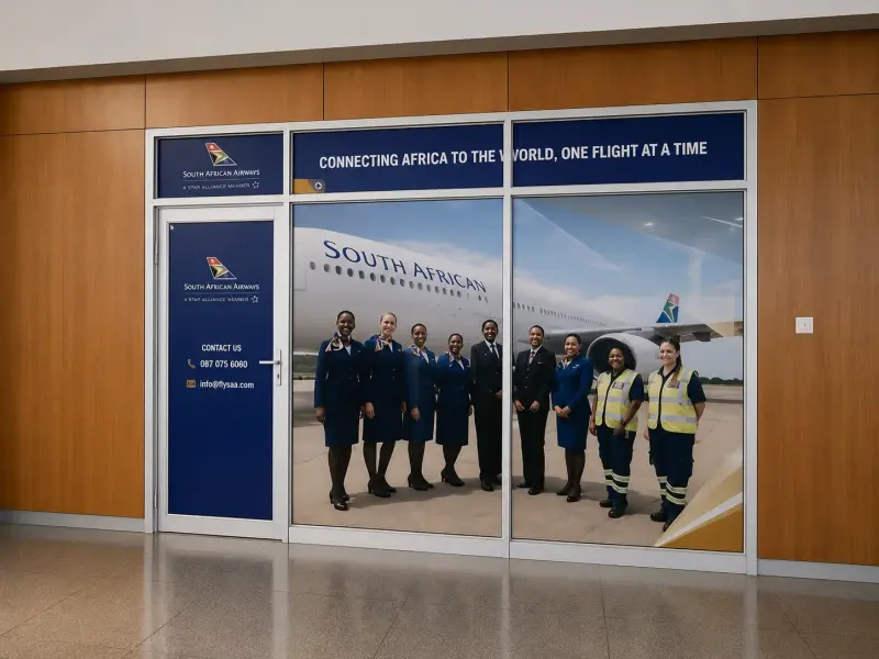South African Airways office window graphics featuring cabin and ground crew
