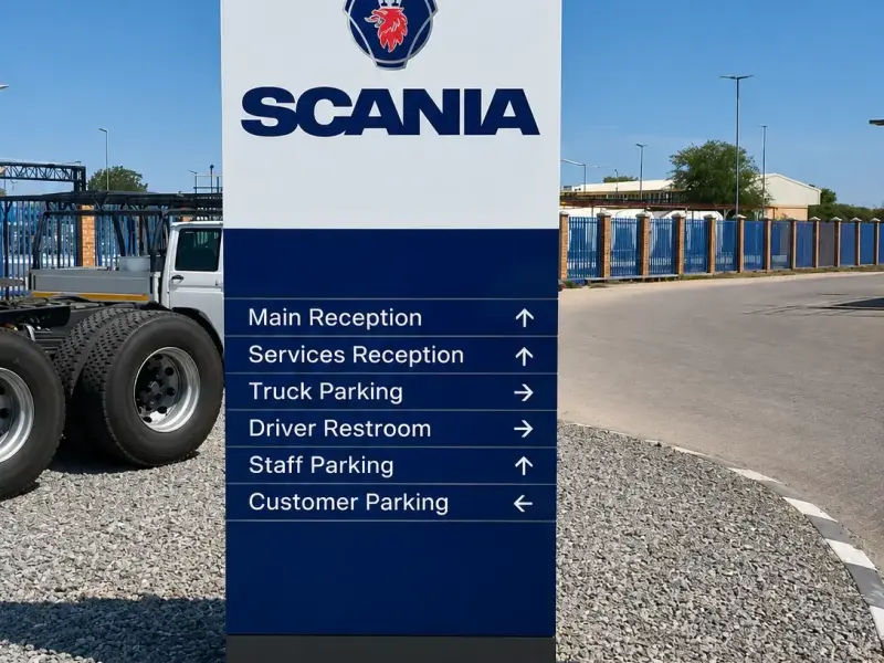 Scania wayfinding totem listing reception, truck parking and driver facilities