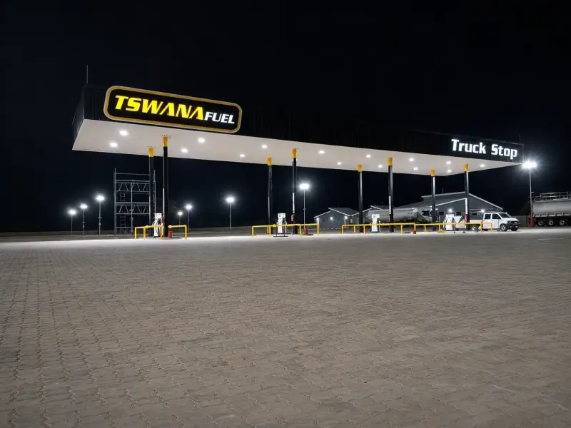 Illuminated Tswana Fuel Truck Stop forecourt canopy at night